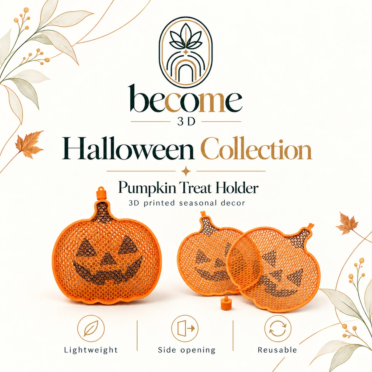Orange 3D printed pumpkin treat holders with a side opening