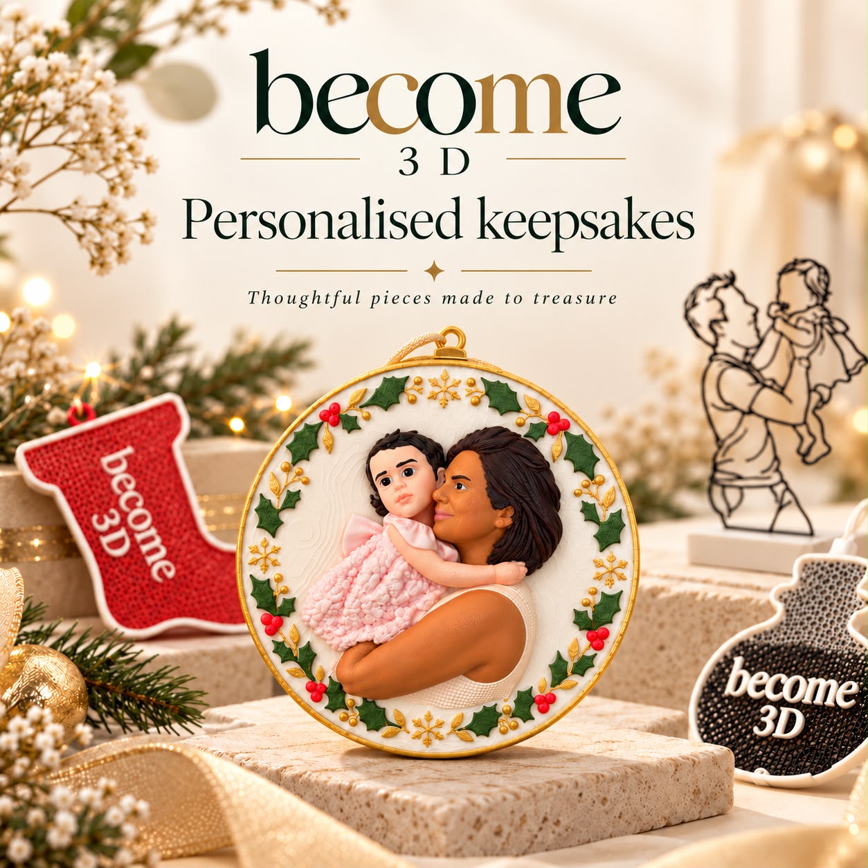 Personalised Christmas keepsake with a mother and child, surrounded by festive ornaments