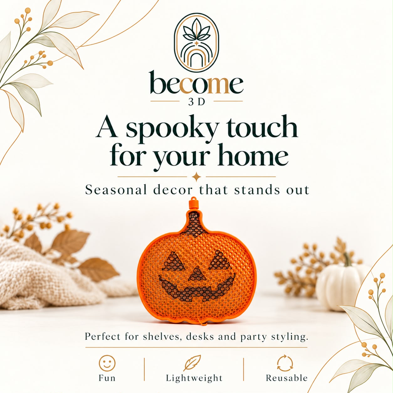 Pumpkin decoration styled on a shelf with soft furnishings and autumnal foliage